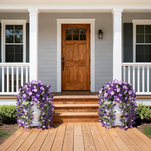 Artificial Fake Flowers Plants for Outdoor Spring Summer Decoration,2 PCS Faux Silk Morning Glory with Eucalyptus Leaves,UV Resistant Realistic Outdoor Flowers for Balcony Porch Patio Yard Garden - color: Double Purple