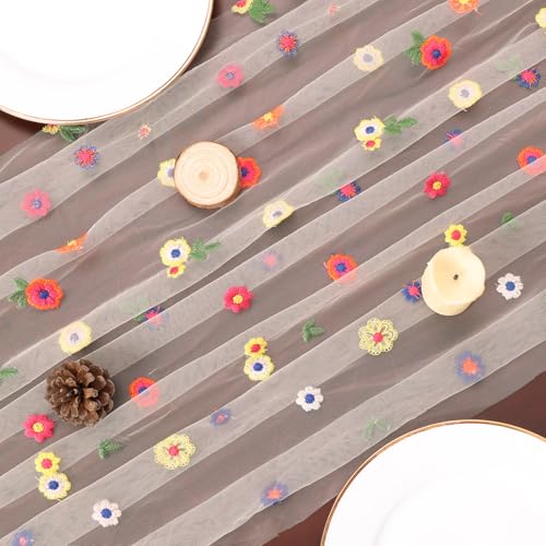 Champagne Embroidery Daisy Gauze Table Runner 10FT Floral Seasonal 120 Inch Sheer Tulle Table Runner Kitchen Dining Wedding Holiday Birthday Christmas Decor for Home Party Decorations - color: Champagne, size: 10 ft × 1 pc
