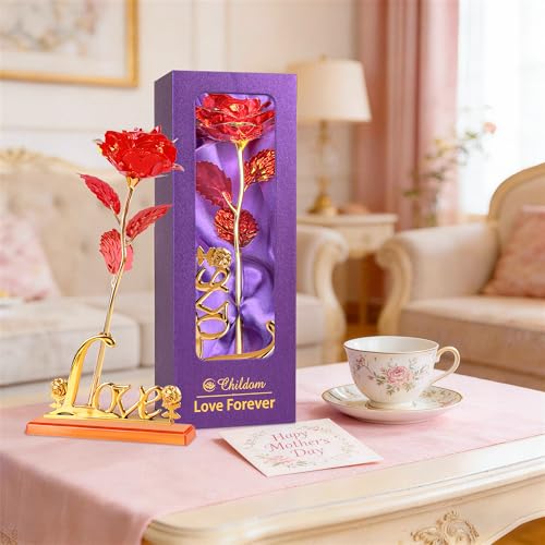 Childom Mothers Day Rose Gifts for Mom,Birthday Gifts for Women,Mothers Day Flowers Gifts for Mom from Daughter Son,Red Artificial Flower Gift with Love Stand for Wife,Grandma,Daughter,Anniversary - color: Colorful Red With Love Stand