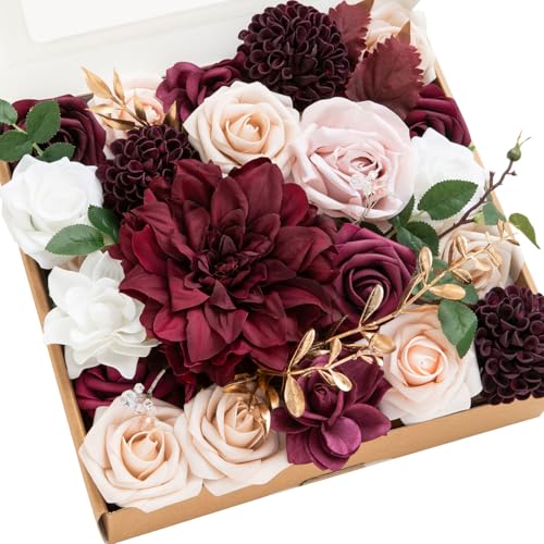 Ling's moment Fake Flowers Box, Faux Artificial Greenery Stems Foam Roses Gardenia Silk Dahlia Fabic Flower for Centerpieces Bouquet Wedding Vase Decorations, Marsala & Soft Peach, Grand Combo - color: Red-marsala & Soft Peach, size: Grand