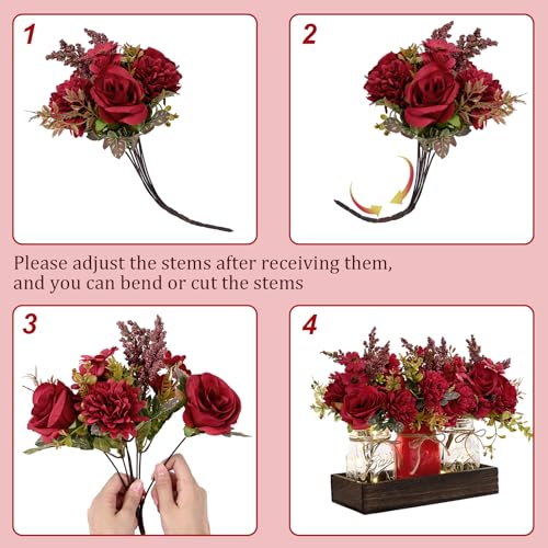 BLEUM CADE Mason Jar Centerpiece Table Decorations, Mason Jar Lights Centerpiece for Kitchen Dining Table Farmhouse Coffee Table Wedding Home Decor with 3 Jars Artificial Flowers & Wood Tray - color: Burgundy-dahlia