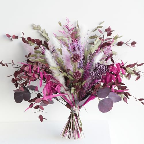 Magenta & Plum Purple Dried Flower Bouquet, Boho Burgundy Preserved Floral Arrangement with Pampas Grass & Eucalyptus, Long-Lasting Berry Tone Dried Flowers for Home Decor, Wedding & Fall Décor - color: Magenta & Plum Dried Flower Bouquet