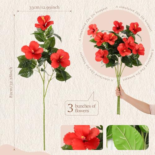 Hotop 3 Pack Artificial Hibiscus Flowers 33"x13" Silk & Plastic Tropical Bouquets Lifelike Blooms with Bendable Stems Faux Hawaiian Flowers for Home Living Room Wedding Patio (Red) - color: Red