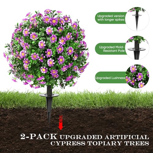 FAJUNZH Artificial Topiary Bushes for Outdoors with Spike, Boxwood Ball Fake Shrubs UV Resistant Faux Plants for Indoor Outdoor Fall Thanksgiving Halloween Decor (Sunflower Boxwood Colorful -2 Packs) - color: Sunflower Boxwood Colorful