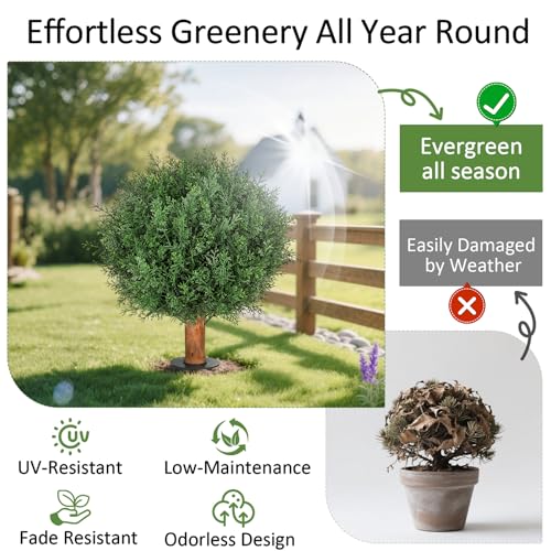 Artificial Cedar Topiary Ball Trees with Ground Spike, 24.6 inches Tall UV-Resistant Fake Outdoor Plants Evergreen Shrubs, Realistic Faux Pine Bushes for Front Porch Home Patio Garden, Set of 4