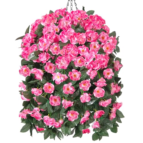 Fake Geraniums Artificial Hanging Flowers Basket for Outdoors, Spring Outdoor Hanging Plants Faux Silk Geraniums Vines in Planter UV Resistant Realistic for Outside Porch Yard Balcony Patio, Pink - color: Pink