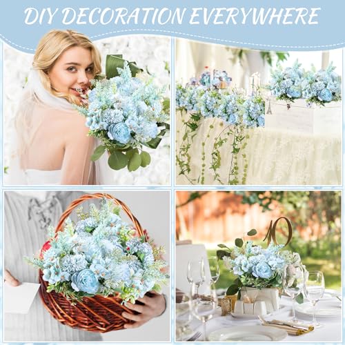 Zeyune 8 Pcs 13.4 Inch Artificial Flowers Bouquet Fake Silk Flowers Faux Bouquet Hydrangea Bouquets for Wedding Birthday Table Centerpieces Home Office Decoration (Peony,Blue) - color: Blue, size: Peony