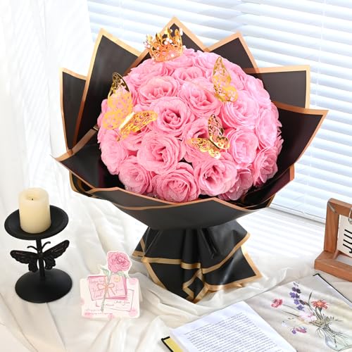 Waipfaru Pink Glitter Roses Bouquet, DIY Fake Flowers Bouquet, Everlasting Shiny Artificial Rose Bouquet for Valentine's Day, Anniversary, Engagement, Wedding, 24 Roses - color: Pink, size: 24pcs