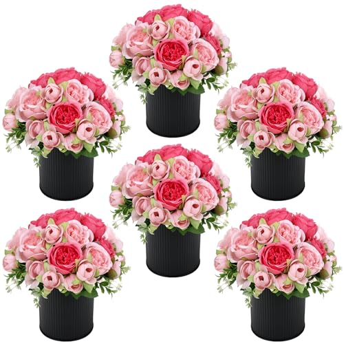 Pre-Made Flower Table Centerpieces, Set of 6 Artificial Silk Peonies with Black Vases for Wedding Reception, Modern Floral Decor for Birthday Party, Anniversary Ceremony - Hot & Pastel Pink - color: Hot Pink & Pastel Pink