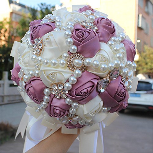 USIX Handcraft Popular Satin Rose Rhinestone Brooch Flower Pearl Bridal Holding Wedding Bouquet Wedding Flower Arrangements Bridesmaid Bouquet(Light Purple+Ivory) - color: Light Purple+ivory