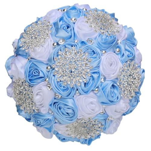 Light Blue and White Wedding Bridal Bouquet for Bride Bridesmaid Quinceanera with Bling Snowflake Brooch Rhinestone Pearl Satin Rose Flower Bouquet Wedding Light Blue and White 8.7in - color: Light Blue & White(silver Snowflake), size: Diameter: 8.7 inche