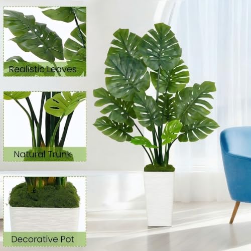 UPBUD Artificial Monstera Deliciosa Plant, 5FT Fake Tree with Real Touch Green Leaves & White Square Pot, 60in Tall Faux Trees Floor Plants for Indoor Outdoor Office Living Room Decor - color: Green Leaves White Planter