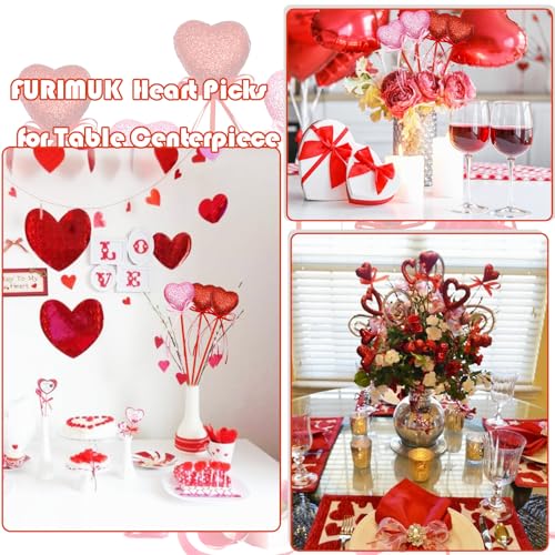 Valentine's Day Glitter Heart Foam Picks Puffy Sparkly Heart on Sticks Valentines Day Floral Picks for Table Centerpiece Decoration Vase Wedding Crafts Stems Arrangement (4, Pink Red)