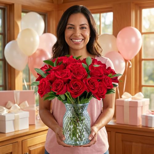 Benchmark Bouquets - Red Roses Bouquet - Fresh Flowers for Delivery - Two Dozen Long Stem Roses - Mothers Day Flowers for Mom - Mothers Day Gifts for Mom - Mothers Gifts (Glass Vase Included) - style: Deluxe
