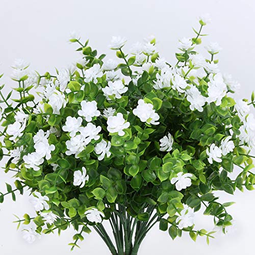 6 Bundles Artificial Flowers, Fake Artificial Greenery UV Resistant No Fade Faux Plastic Plants for Wedding Bridle Bouquet Indoor Outdoor Home Garden Kitchen Office Table Vase (White) - color: White