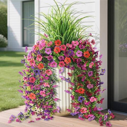 Artificial Hanging Flowers with Wheat Grass for Outdoors, 5 Pcs Fake Hanging Plants for Spring Decor, UV Resistant Faux Silk Flower Greenry for Planter Porch Patio Yard Garden(Mixd Purple Red) - color: Z Mixd Purple Red With Grass