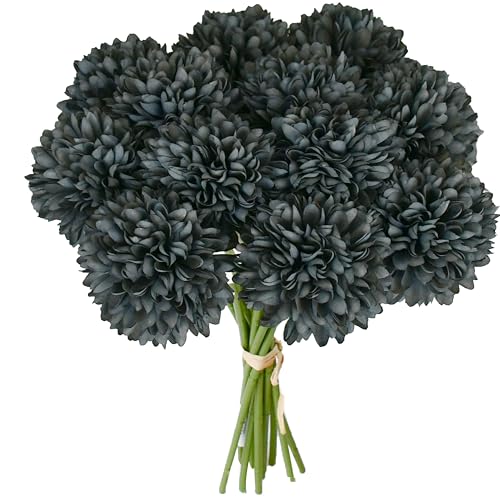 Mandy's 12pcs Artificial Dark Grey Chrysanthemum | 11.8 inch Artificial Mums Flowers for Home Table Centerpiece Summer Decor Silk Flowers for Porch Patio and Wedding - color: Dark Grey