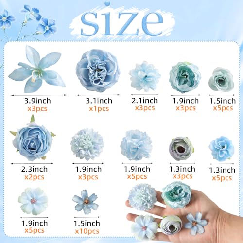 rongflower Fake Flower Heads for Crafts - Blue Silk Artificial Roses, Peonies, Daisies & Mini Floral Heads Bulk (48-Pack) for Wedding Decor, Graduation Cap, Cake Topper, Baby Shower, Home Decoration - color: Blue