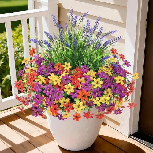 Artificial Flowers for Outdoors UV Resistant, 14 Bundles Fake Flowers Daisy with Lavender Faux Outdoor Plants Silk Flower for Outside Planters Patio Porch Window Garden Yard Spring Summer Decoration - color: Purple Red Orange Yellow