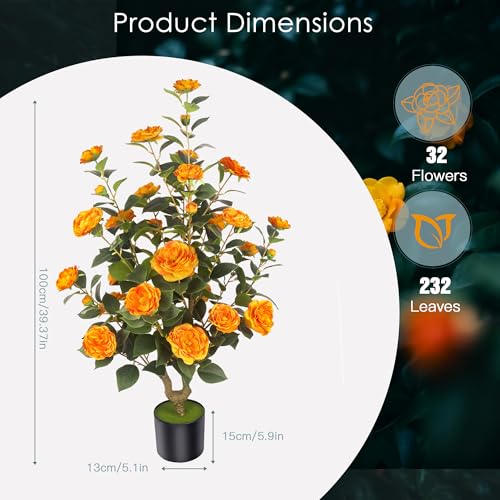 2Pack 39.37"/3.28FT Artificial Camellia Trees with 32 Flowers in Cement Pots – Lifelike Fake Trees for Front Porch, Home, Indoor Outdoor Spring Decor, Office or Housewarming Gifts (Orange) - color: Orange, size: 3ft 3inx2
