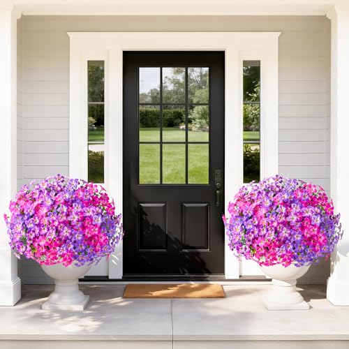 MARTINE MALL 12 Bundles Look Real Artificial Flowers for Outdoors, Realistic Fake Outdoor Flowers, UV Resistant Silk Petunia Flowers for Outside Faux Flowers for Outdoor, Fuchsia & Purple & Rose Red - color: Fuchsia & Purple & Rose Red, size: 12 Bundles