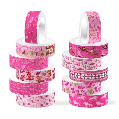 12 Rolls Western Washi Tape, Pink Wild West Masking Tapes, Western Cowboy Cowgirl Decorative Paper Stickers for Scrapbook Journal DIY Art Crafts Wrapping Birthday Party Supplies 16.4FT - color: Q