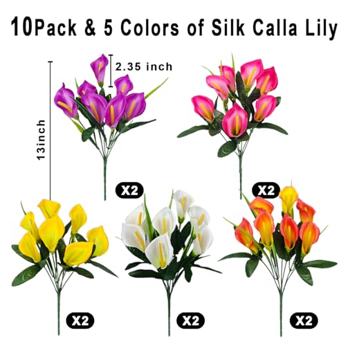 10 Bundles Outdoor Artificial Flowers Fake Silk Calla Lily Flowers UV Resistant Realistic for Home Outside Garden Porch Patio Potted Planter Window Box Indoor Table Decoration