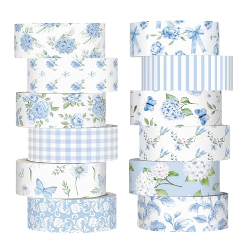 12 Rolls Watercolor Floral Washi Tape Set 15 mm Vintage Flower Decorative Masking Tape for Summer School Arts DIY Craft Scrapbook Journal Supplies Gifts(Blue,Rose) - color: Blue, style: Rose