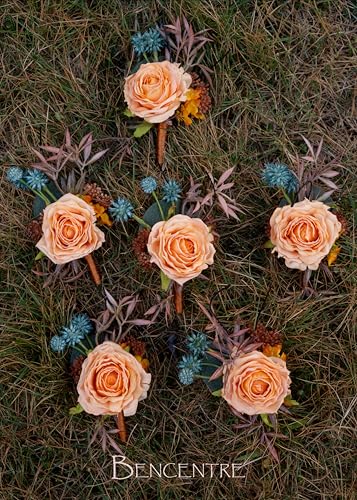 Burnt Orange&Teal Boutonniere for Men,Prom boutonnieres,Groom and Groomsmen Boutonniere for Ceremony Anniversary, Fall Wedding Decorations,Formal Dinner Party and Grad Night (Set of 6) - color: Burnt Orange&teal, size: set of 6
