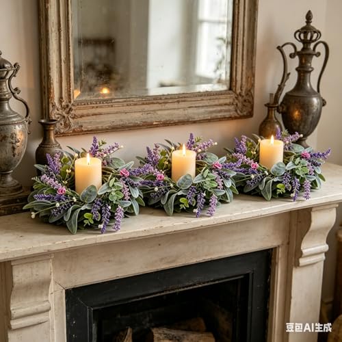8 pcs Mini Lavender Candle Rings Wreaths Purple Daisy Pillar Holder Wreath Artificial Wild Flower Spring Summer Floral Wreath for Farmhouse Porch Cabinets Table Decoration - color: Lavender