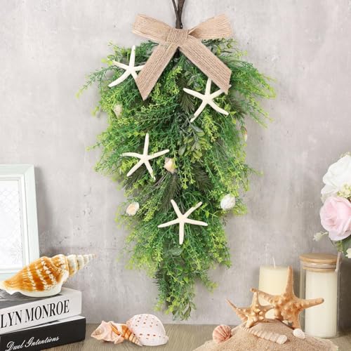 2 Pcs 24"Coastal Teardrop Swag Beach Seashell Starfish Wreath with Green Leaves for Front Door Wedding Farmhouse Starfish Conch Shells Wreath for Indoor Outdoor Spring Summer All Seasons Home Decor ﻿ - color: Starfish Swags