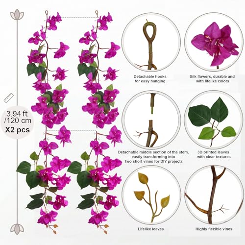 Bougainvillea Artificial Flowers Garlands, 3.94ft 2PCS Detachable UV Resistant Faux Bougainvillea Hanging Flowers Vines for Outdoor Patio Garden Decor(Purple) - color: Purple