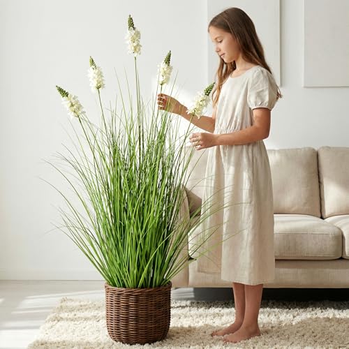 Artificial Plants Indoor Tall Grass Plants with Hyacinth Flower 35.4In Tall Artificial Ornamental Grass Green Onions Outdoor Fake Plants with Black Pot Home Office Decorative (1 Pack,White) - color: 0.9m White1