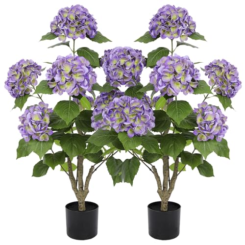 Nafresh 3FT Real Touch Faux Hydrangea Tree Outdoor, 2 Pack Purple Hydrangea Tree Artificial with Vibrant Blooms, Faux Hydrangea Potted Plant for Indoor Outdoor Home Front Porch Pation Decor - color: Purple, size: 3ft