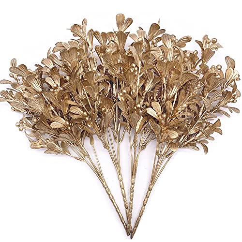 Artificial Flowers Christmas Decor, Golden Leaves Branches Plants Fake Berry Grass for Wedding Bridal Bouquet Party Indoor DIY Home Office Table Centerpieces Arrangements Decoration - Gold 4 Pack - color: Gold Leaves Berry Grass-4 Pcs