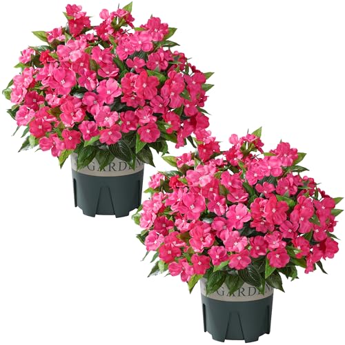 Artificial Flowers for Outdoors, 2 Set Fake Potted Flowers 12 Bundles UV Resistant Realistic Silk Faux Impatiens with Pot for Outside Balcony Garden Window Box, Rose - color: Impatiens-rose