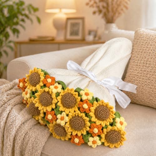 Crochet Flower Bouquet Throw Blanket, Cute Romantic Gift for Her Girlfriend Mom Mother’s Day Valentine Wedding Anniversary Birthday (White Sunflower, 40 inches) - color: White Sunflower, size: 40 inches