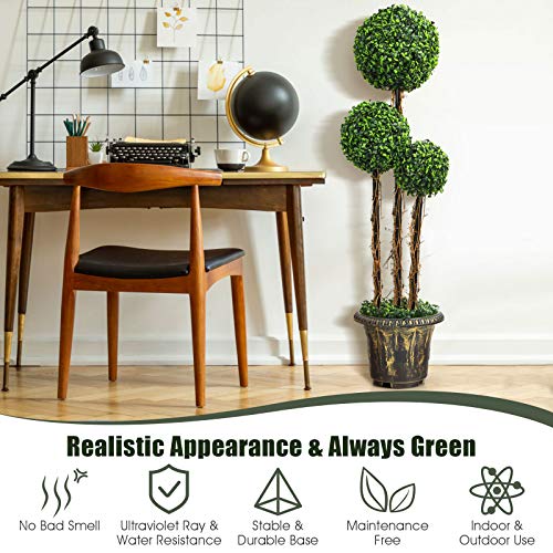 Goplus 4 Ft Artificial Boxwood Topiary Tree, 2 Pack Fake Greenery Plants Triple Ball Tree, Leaves & Cement-Filled Plastic Flower Pot Decorative Trees for Home, Office, Indoor and Outdoor Use - size: 4 Ft