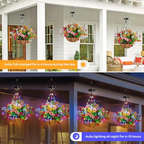 GOESWELL Solar Hanging Flowers Basket: 7Pcs Faux Silk Flower with Baskets - UV Resistant Fake Flower Basket for Outdoor Fall Yard Front Porch Decor - Gardeners Retirees Homeowners Gifts - size: 10inch, style: round - colorful