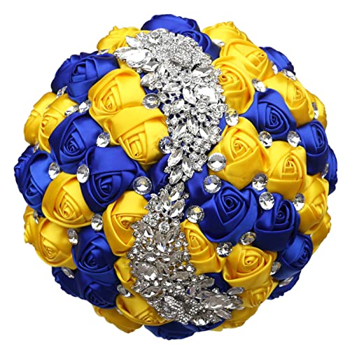 XINNI Handmade Bridal Wedding Bouquet Bride Bridesmaid Satin Rose Flower Bouquet with Meteor Shower Shape Rhinestone Wedding Decoration (Gold+RoyalBlue) - color: Gold+royalblue