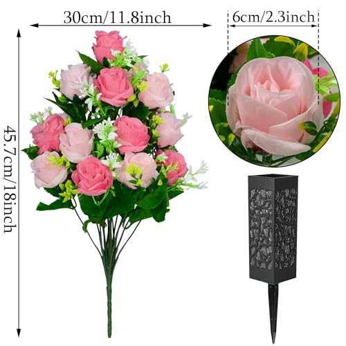 Artificial Cemetery Flowers, Set of 2 Grave Memorial Flowers with Vase, Artificial Rose Bouquet for Cemetery Headstones Gravesites Decoration (Pink) - color: Pink