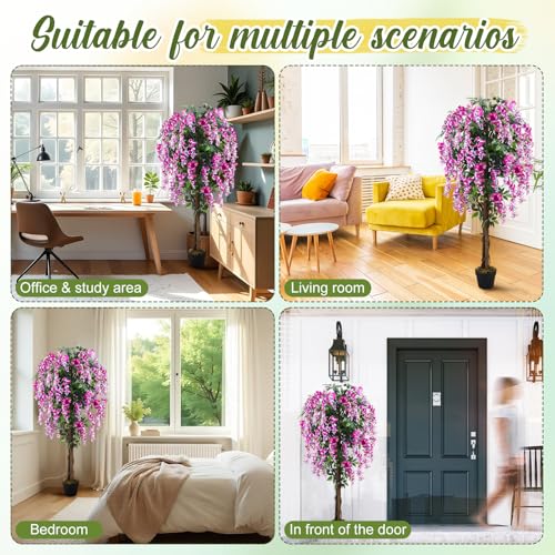 Thiccywoov 1 Pack 5ft Artificial Wisteria Tree Tall Fake Tree with Cement Base Pot Faux Floor Plant Decoration for Indoor Outdoor Home Office Housewarming Gift(Rosy Pink) - color: Rosy Pink