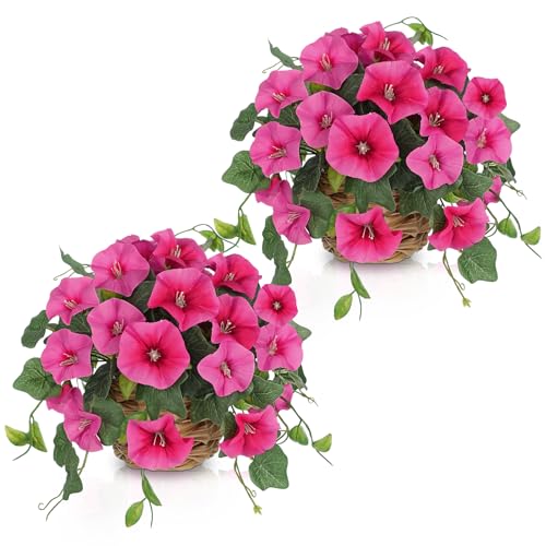 Briful 2 Pack Fake Morning Glory with Handwoven Basket - 8.2" Hot Pink Faux Potted Flowers Silk Floral Table Centerpiece for Home Office Room Shelf Desk Decor - color: Hot Pink