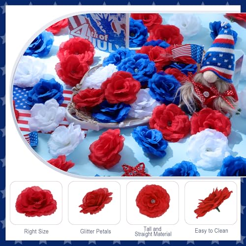 Yunlly 100 Pcs Artificial Flowers Fake Silk Roses Long Stem Rose Bouquet Wedding Party Home Decor for DIY Baby Shower Centerpieces Tables Home Decorations(Blue, White,Red) - color: Blue, White, Red