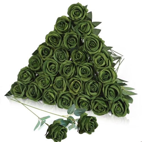 30pcs Fake Roses Artificial Silk Flowers Long Stems Bouquet for Wedding Bridal Shower Party Home Decoration (Green) - color: Green