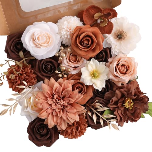 Floweroyal Artificial Flowers Fake Rose Flowers Dahlia with Stems for DIY Wedding Bridal Bouquets, Baby Shower, Floral Arrangement, Table Centerpieces, Home Decorations - color: Dark Brown