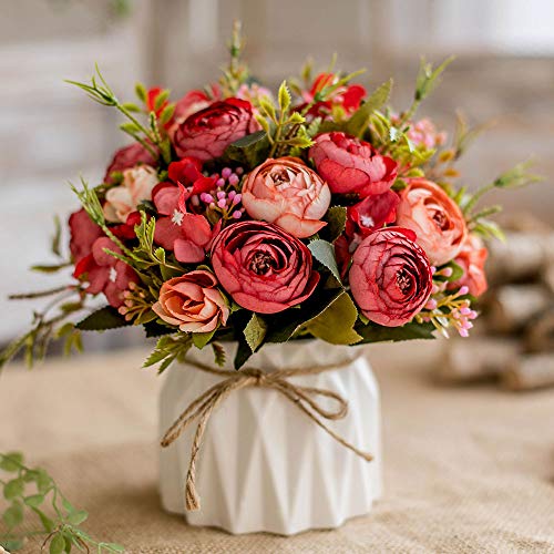 TKAS Artificial Flowers Fake Flowers Silk Rose Bouquets Decoration with Ceramics Vase for Table Home Office Wedding (Red Bud) - color: Red Bud
