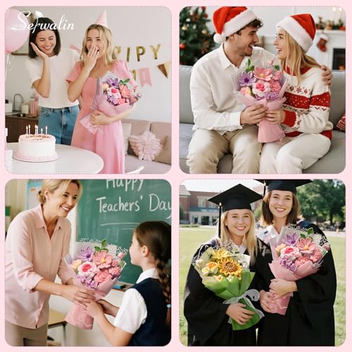 Serwalin Crochet Flower Bouquet,Pink Knitted Flowers,Roses Crochet Flowers for Mother’s Day Lover Wedding Anniversary Birthday Valentine Day Back-to-School or Graduation Ceremonies Gift (with Card) - color: Athens Pink and Purple