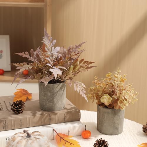3 Pack Mini Fall Fake Potted Plants Artificial Plastic Eucalyptus Plants Fall Decor for Home, Office, Desk, Bathroom, Coffee Table & Shelf - color: Taro Purple