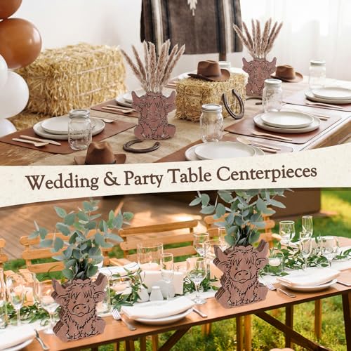 LemonRoad Wooden Cowboy Boot Vases for Wedding Small Cowboy Boot Flower Vase for Flower Faux Greenery Rustic Western Decor for Table Centerpiece Weddings Party (Highland Cattle,Brown,6 Pcs) - color: Brown, size: Highland Cattle
